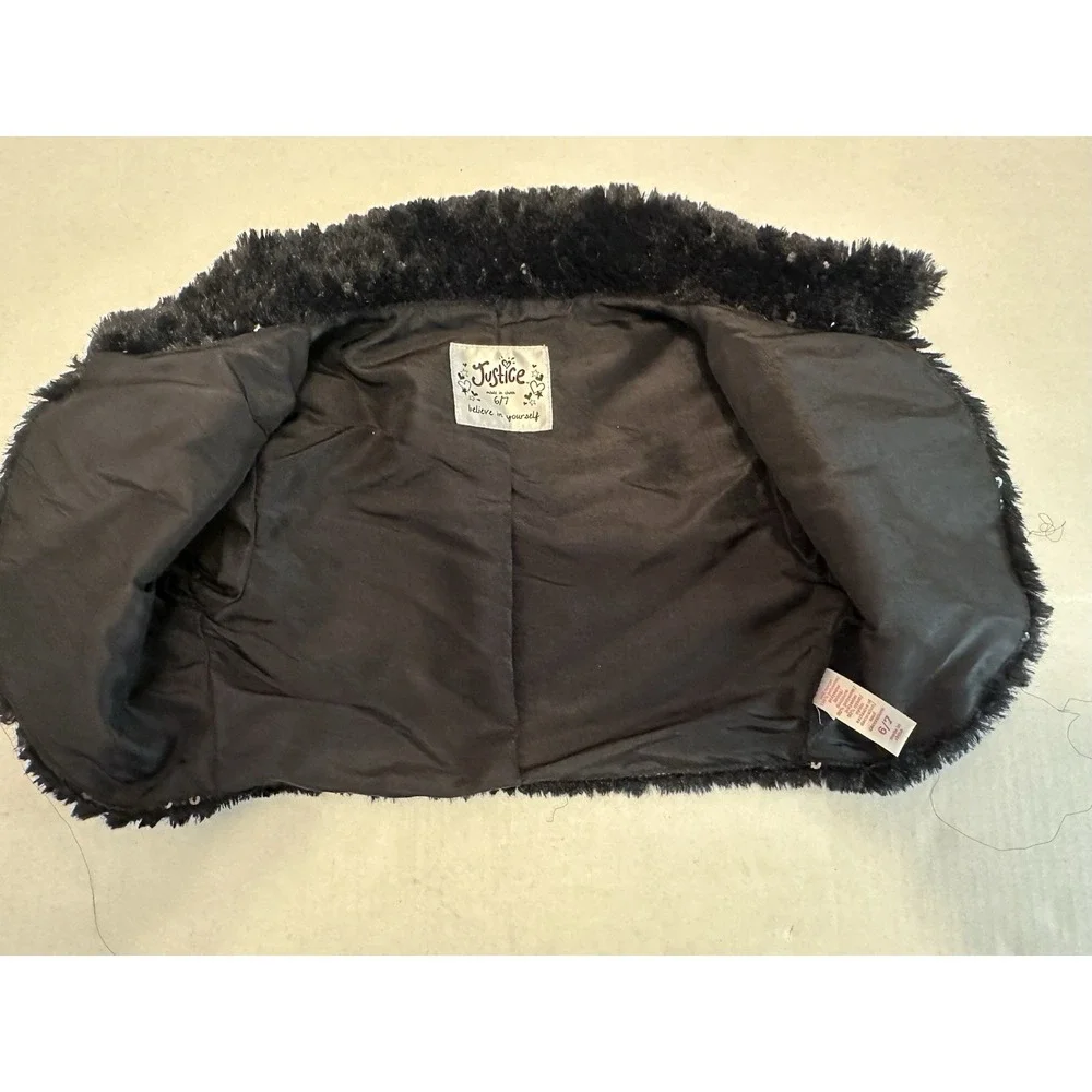 Justice Black Sequence Stole Girls Size 6-7 Dress Sweater Faux Fur Shall